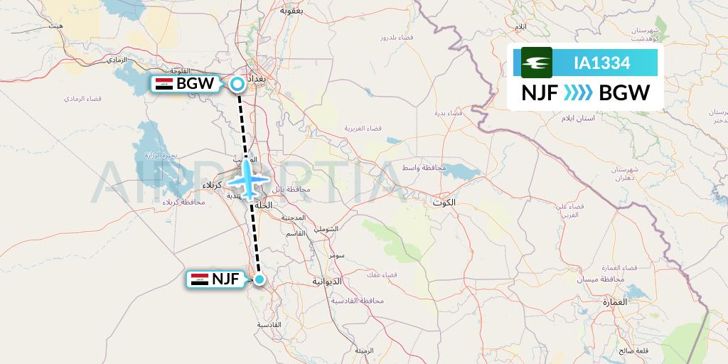 IA1334 Iraqi Airways Flight Map: Najaf to Baghdad