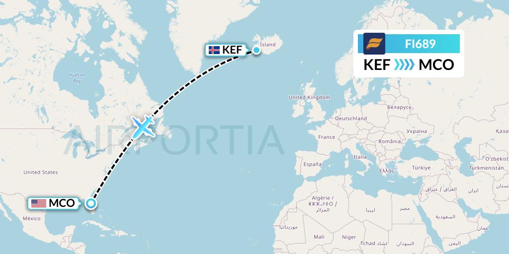 FI689 Icelandair Flight Map: Reykjavik to Orlando
