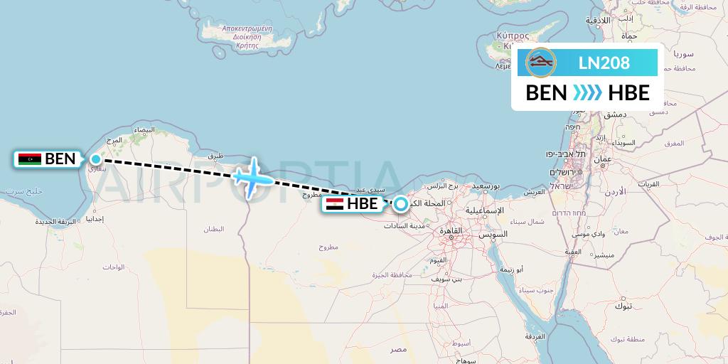 LN208 Libyan Airlines Flight Map: Benghazi to Alexandria