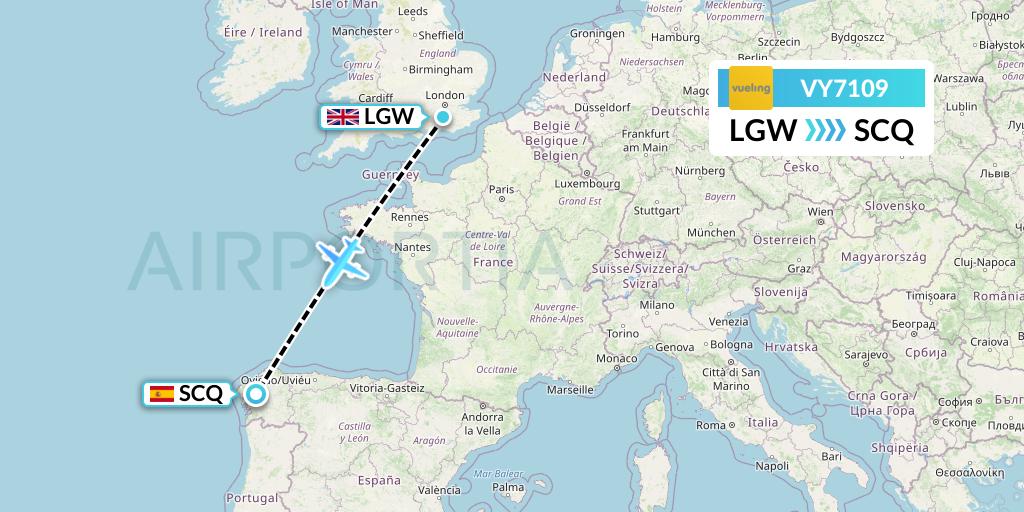 VY7109 Vueling Flight Map: London to Santiago