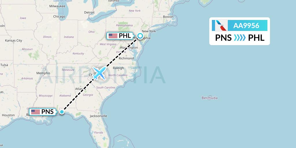 AA9956 American Airlines Flight Map: Pensacola to Philadelphia