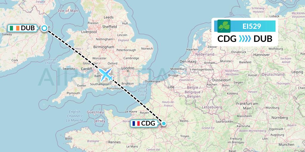 EI529 Aer Lingus Flight Map: Paris to Dublin