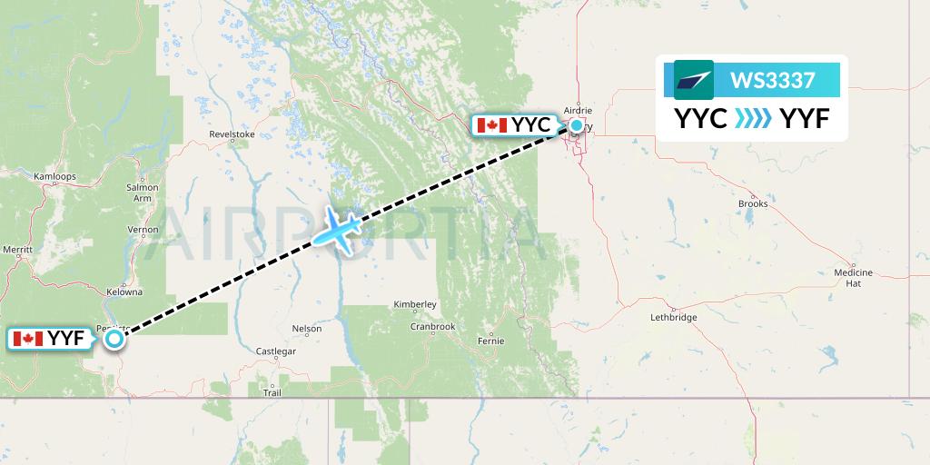 WS3337 WestJet Flight Map: Calgary to Penticton