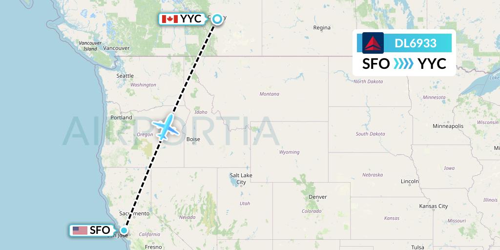 DL6933 Delta Air Lines Flight Map: San Francisco to Calgary