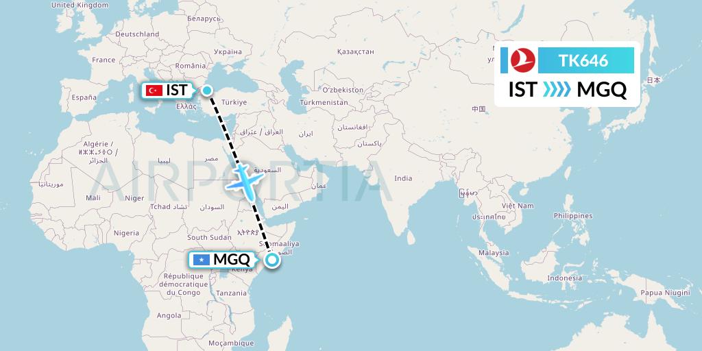 TK646 Turkish Airlines Flight Map: Istanbul to Mogadishu