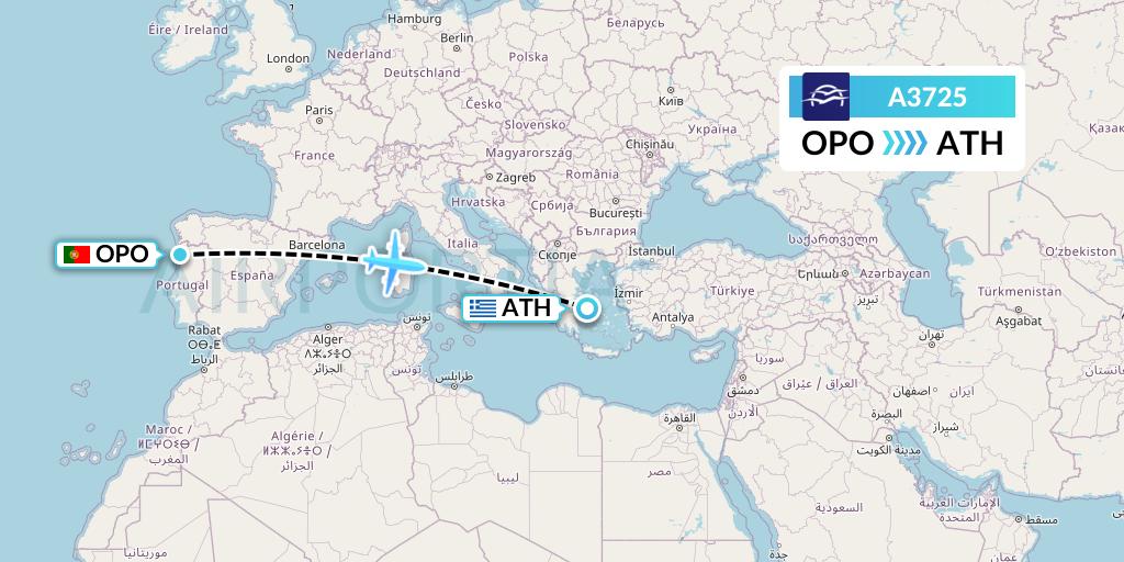 A3725 Aegean Airlines Flight Map: Porto to Athens