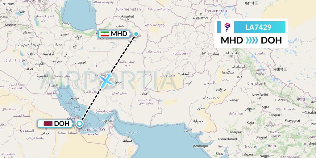 LA7429 LAN Airlines Flight Map: Mashhad to Doha