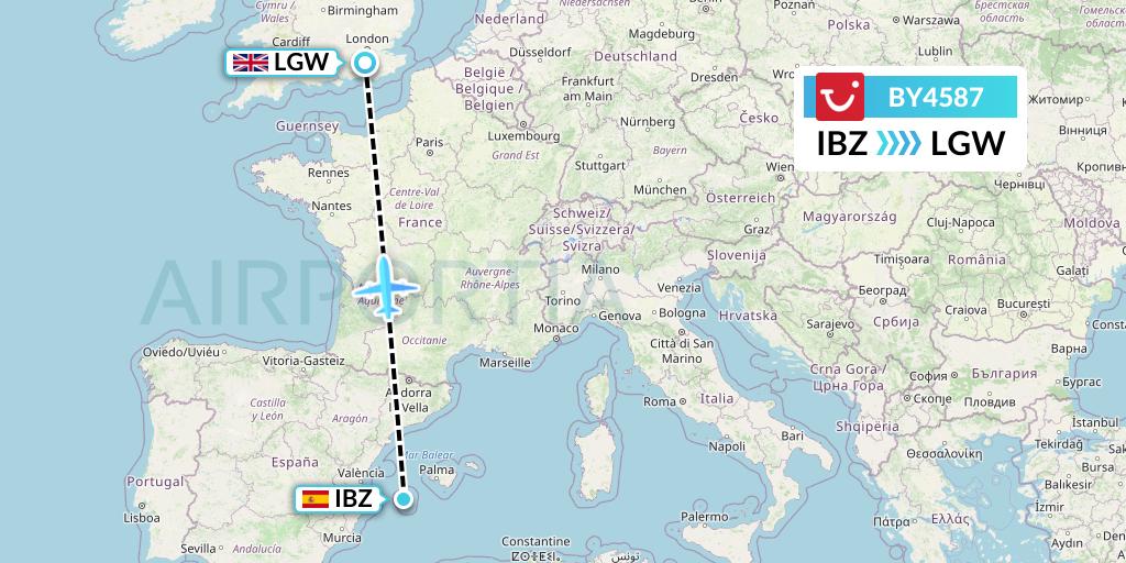 BY4587 TUI Airways Flight Map: Ibiza to London