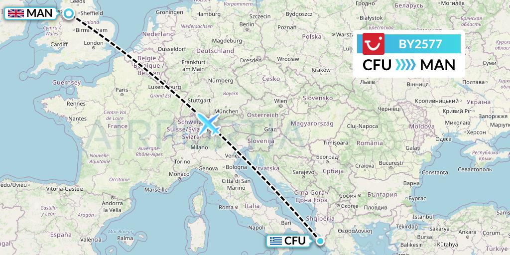 BY2577 TUI Airways Flight Map: Corfu to Manchester
