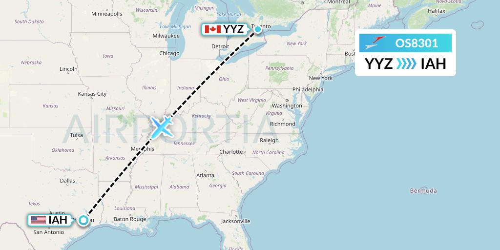 OS8301 Austrian Airlines Flight Map: Toronto to Houston