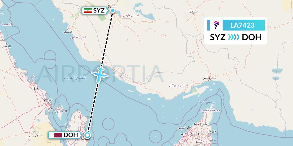 LA7423 LAN Airlines Flight Map: Shiraz to Doha