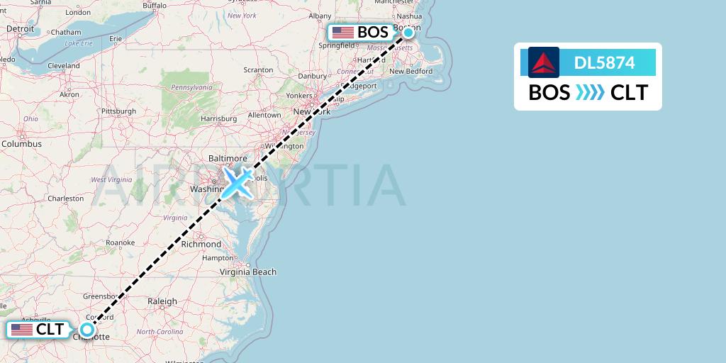 DL5874 Delta Air Lines Flight Map: Boston to Charlotte