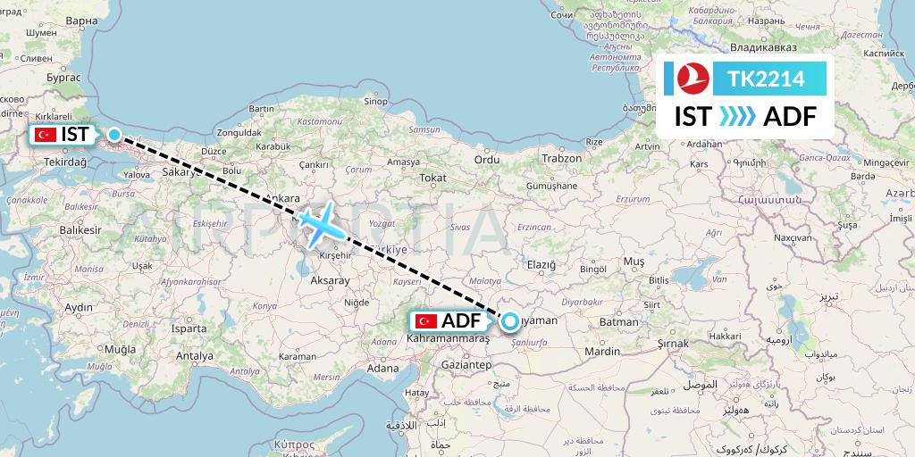 TK2214 Turkish Airlines Flight Map: Istanbul to Adiyaman