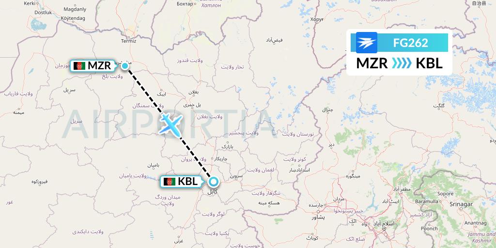 FG262 Ariana Afghan Airlines Flight Map: Mazar-I-Sharif to Kabul
