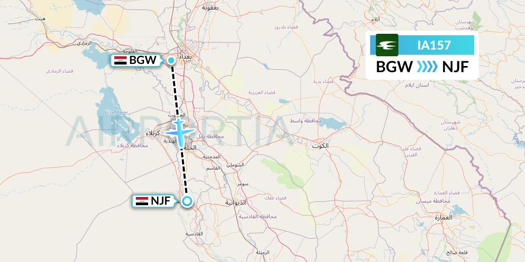 IA157 Iraqi Airways Flight Map: Baghdad to Najaf