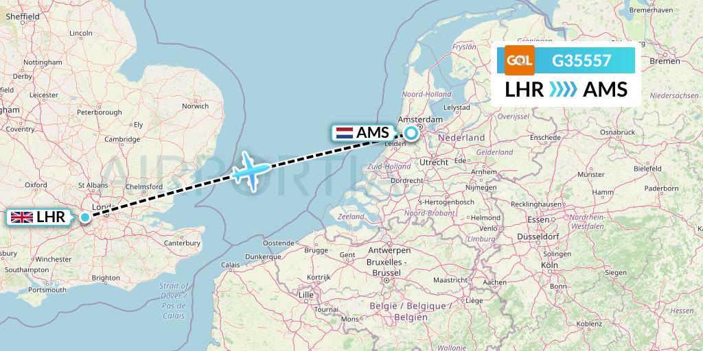 G35557 GOL Transportes Aeros Flight Map: London to Amsterdam