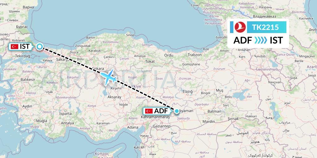 TK2215 Turkish Airlines Flight Map: Adiyaman to Istanbul