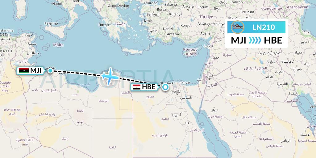 LN210 Libyan Airlines Flight Map: Tripoli to Alexandria