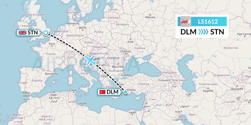 LS1612 Jet2 Flight Map: Dalaman to London