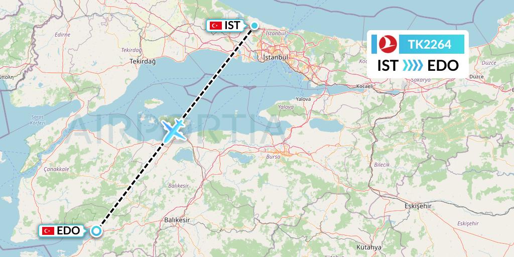 TK2264 Turkish Airlines Flight Map: Istanbul to Edremit
