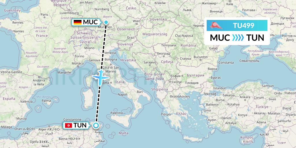 TU499 Tunisair Flight Map: Munich to Tunis
