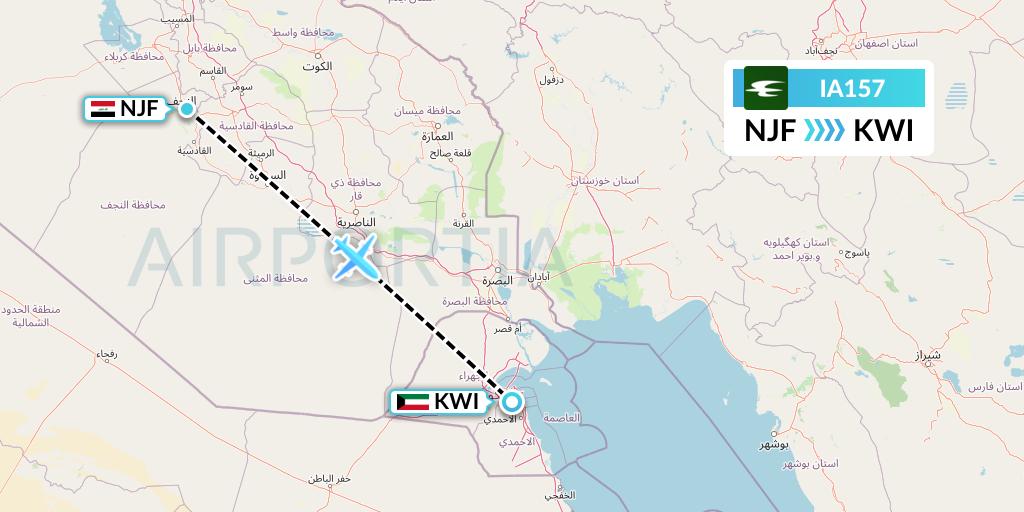 IA157 Iraqi Airways Flight Map: Najaf to Kuwait City