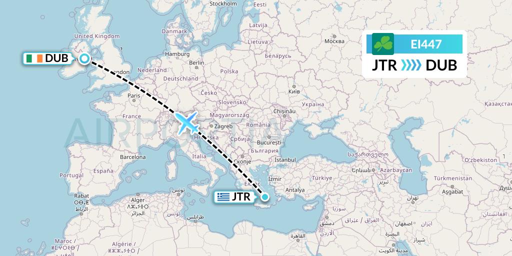 EI447 Aer Lingus Flight Map: Santorini to Dublin