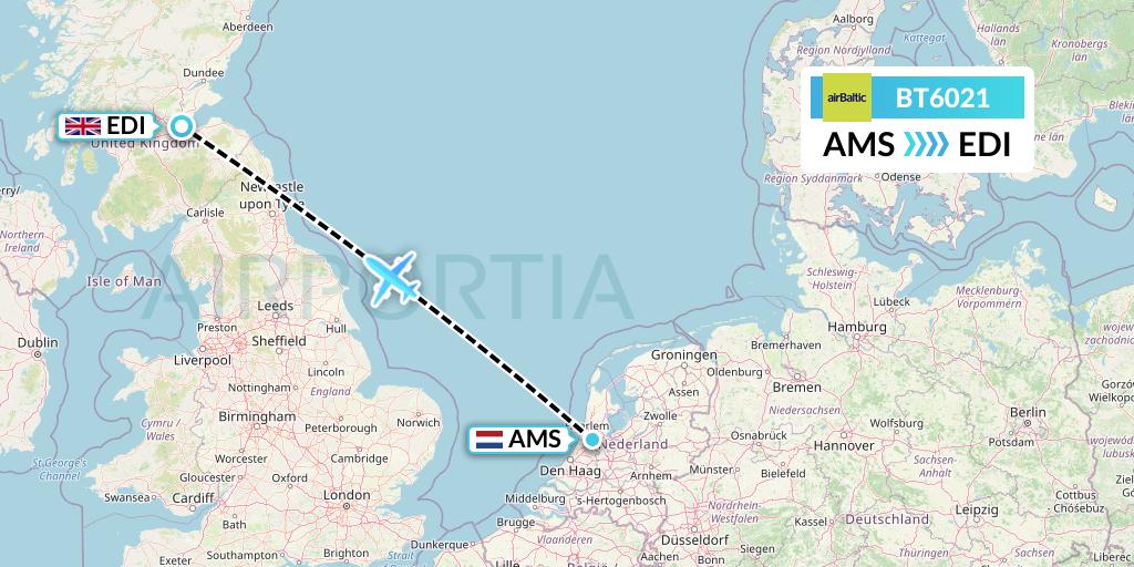 BT6021 Air Baltic Flight Map: Amsterdam to Edinburgh