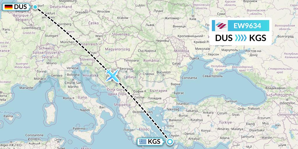 EW9634 Eurowings Flight Map: Dusseldorf to Kos