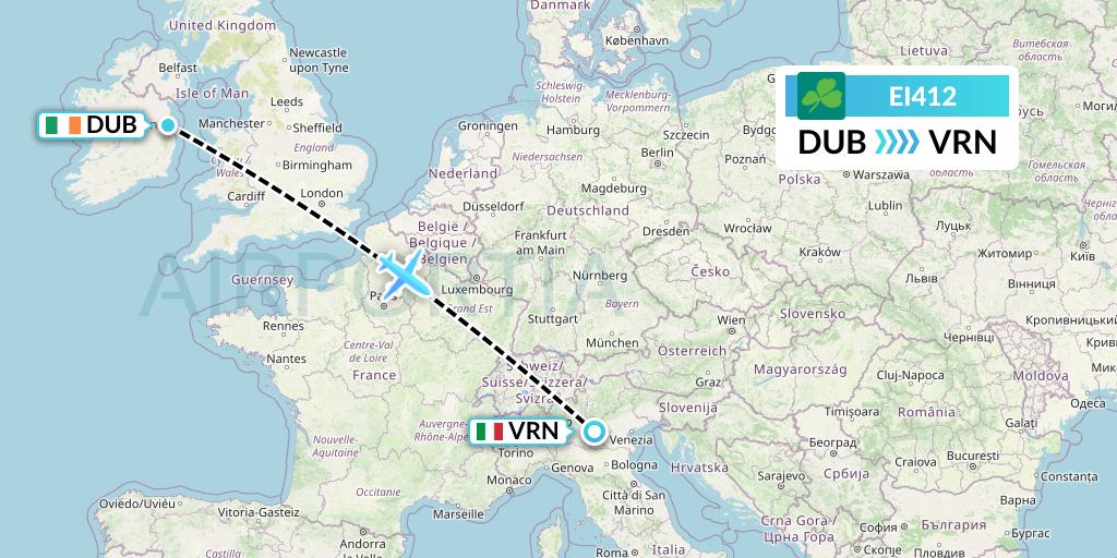 EI412 Aer Lingus Flight Map: Dublin to Verona