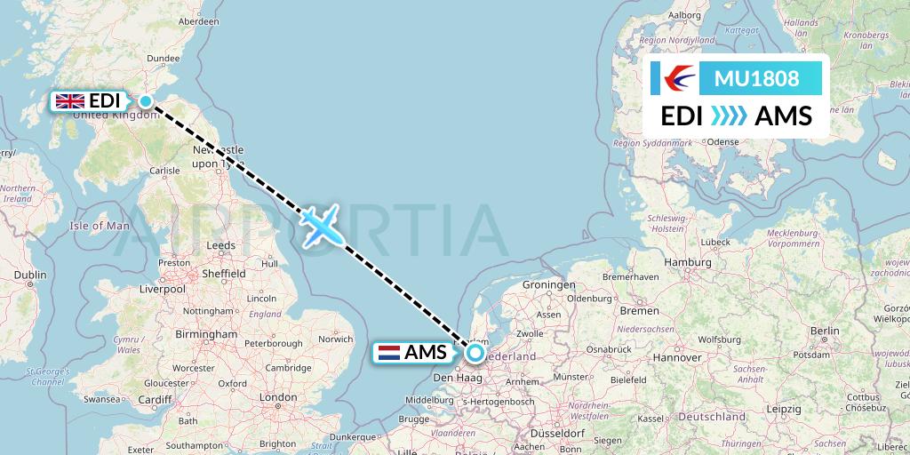 MU1808 China Eastern Airlines Flight Map: Edinburgh to Amsterdam