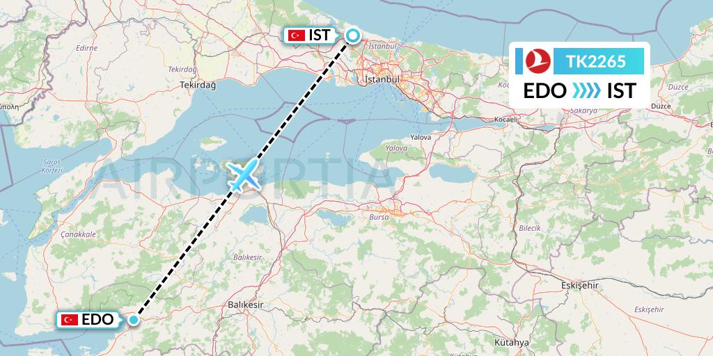 TK2265 Turkish Airlines Flight Map: Edremit to Istanbul