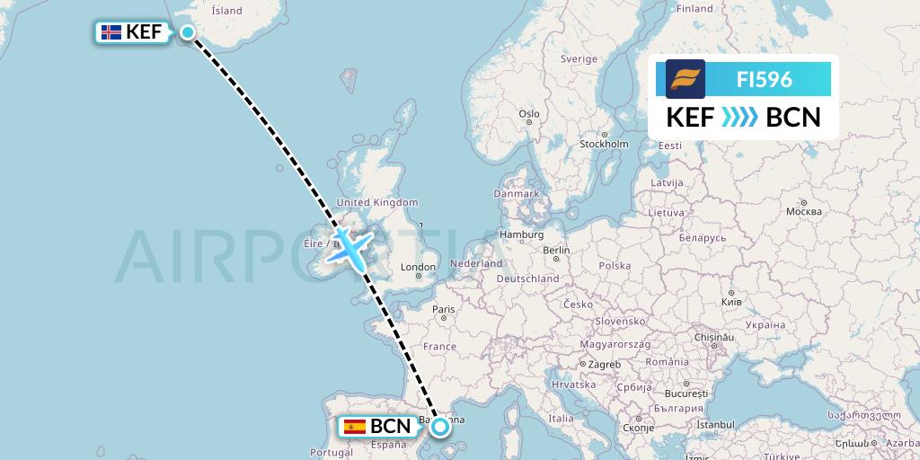 FI596 Icelandair Flight Map: Reykjavik to Barcelona