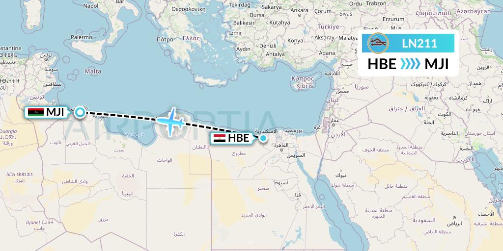 LN211 Libyan Airlines Flight Map: Alexandria to Tripoli