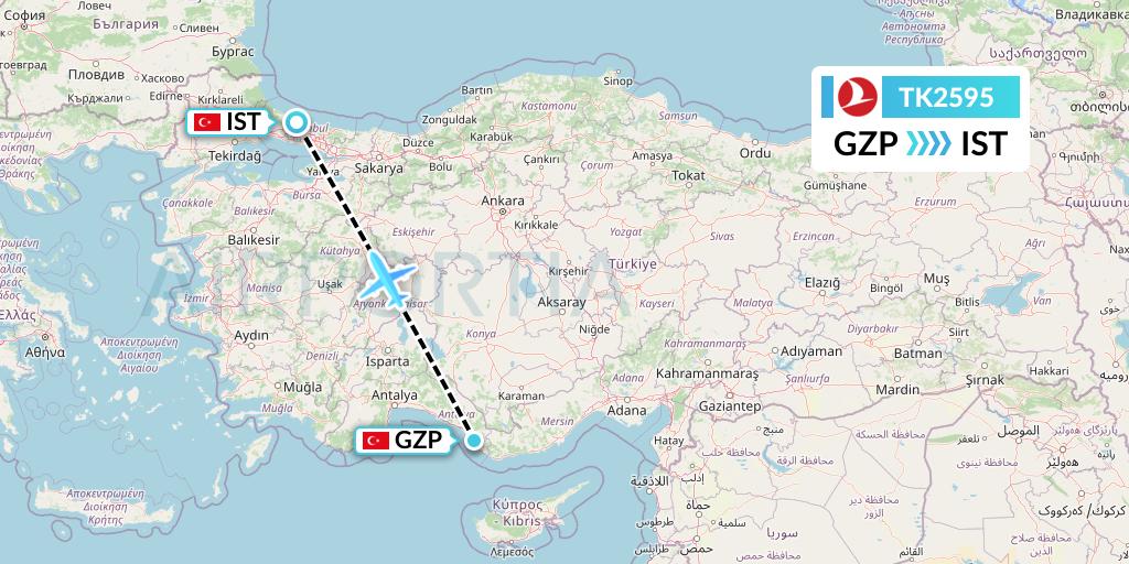TK2595 Turkish Airlines Flight Map: Gazipasa to Istanbul