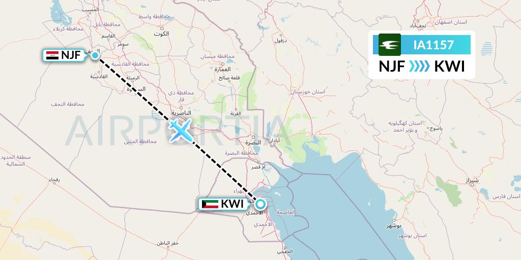 IA1157 Iraqi Airways Flight Map: Najaf to Kuwait City