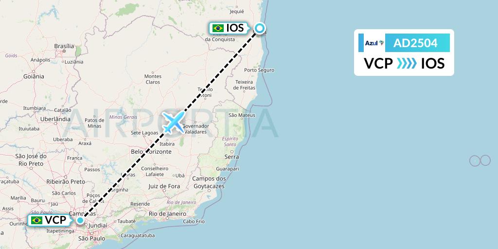 AD2504 Azul Brazilian Airlines Flight Map: Campinas to Ilheus