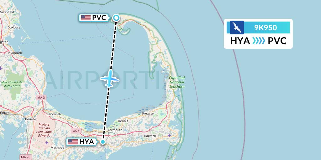 9K950 Cape Air Flight Map: Hyannis to Provincetown