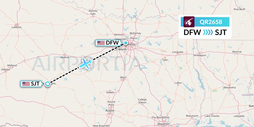 QR2658 Qatar Airways Flight Map: Dallas to San Angelo