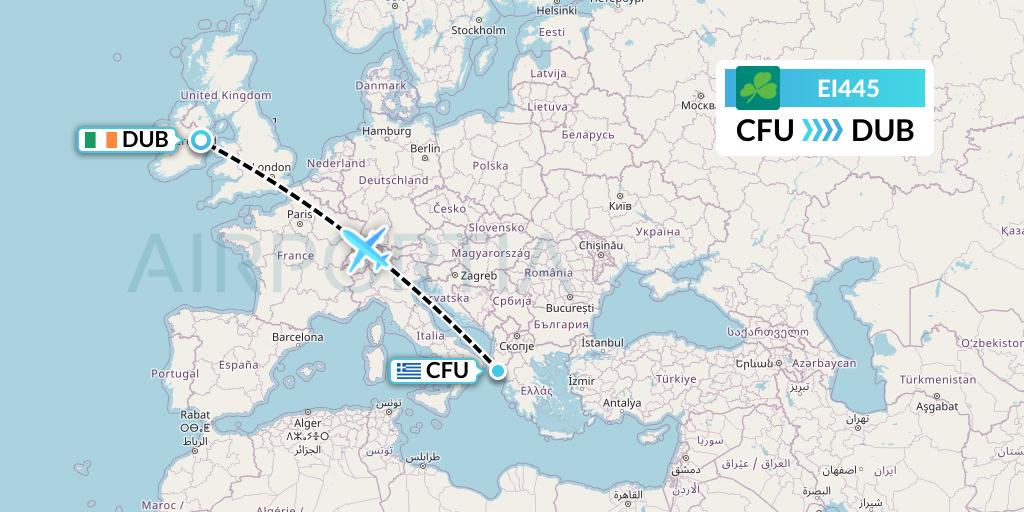 EI445 Aer Lingus Flight Map: Corfu to Dublin