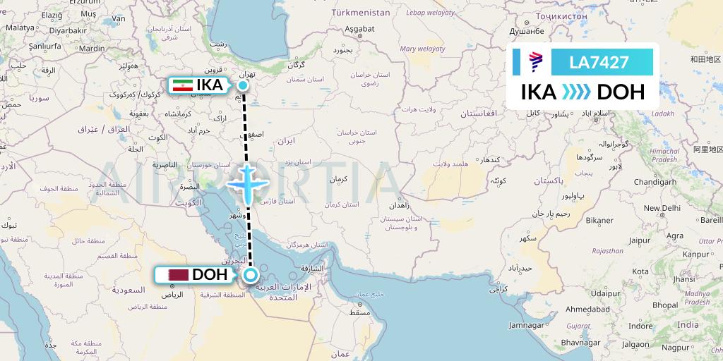 LA7427 LAN Airlines Flight Map: Tehran to Doha