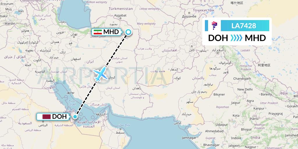 LA7428 LAN Airlines Flight Map: Doha to Mashhad
