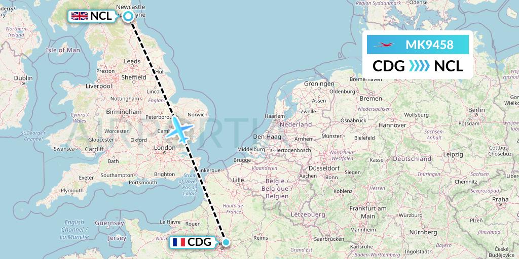 MK9458 Air Mauritius Flight Map: Paris to Newcastle
