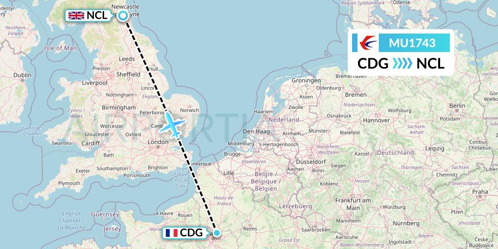 MU1743 China Eastern Airlines Flight Map: Paris to Newcastle