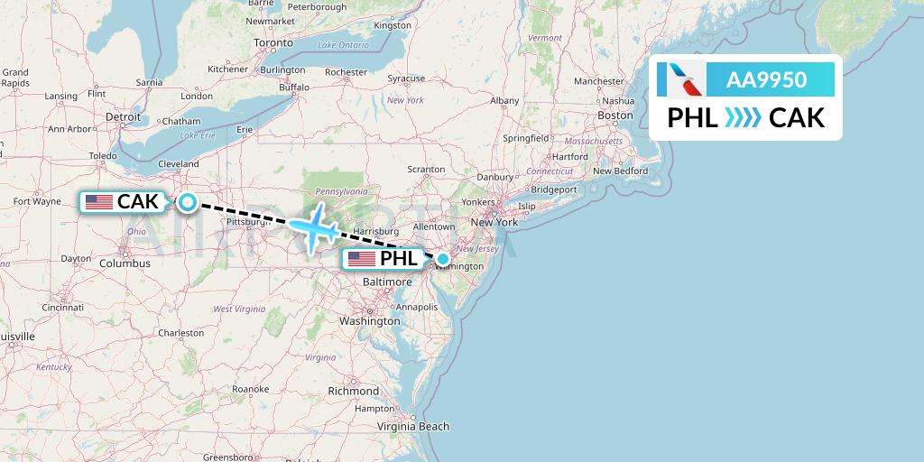 AA9950 American Airlines Flight Map: Philadelphia to Akron