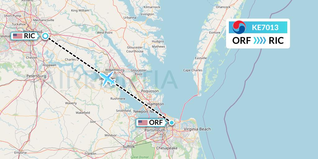 KE7013 Korean Air Flight Map: Norfolk to Richmond