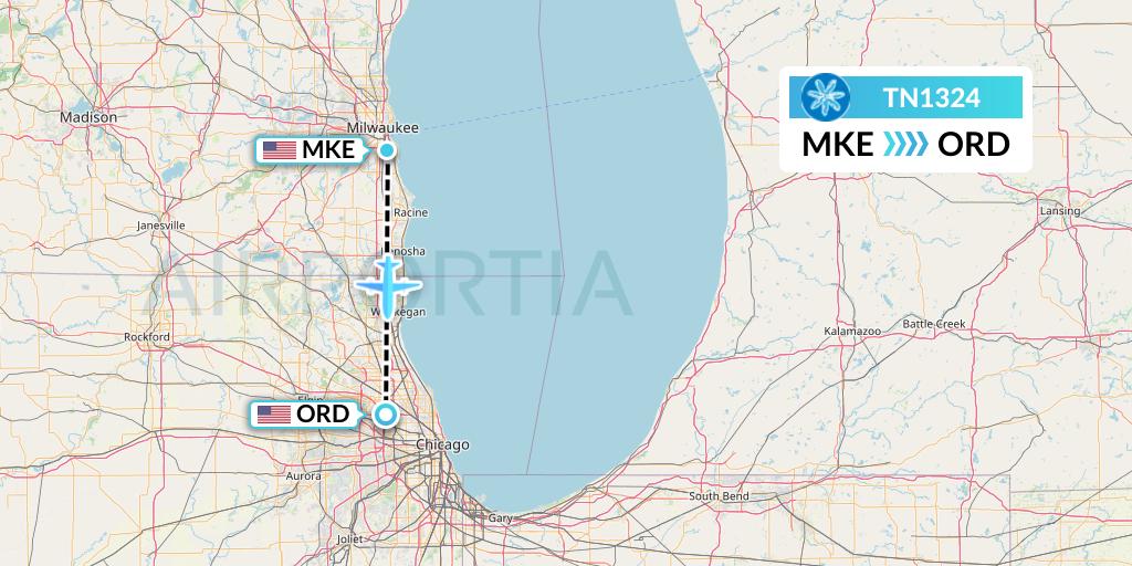 TN1324 Air Tahiti Nui Flight Map: Milwaukee to Chicago