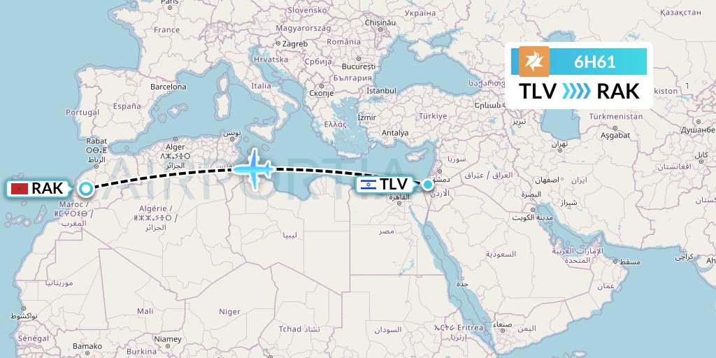 6H61 Israir Airlines Flight Map: Tel Aviv to Marrakesh