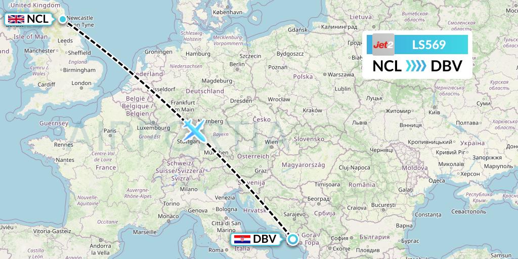 LS569 Jet2 Flight Map: Newcastle to Dubrovnik