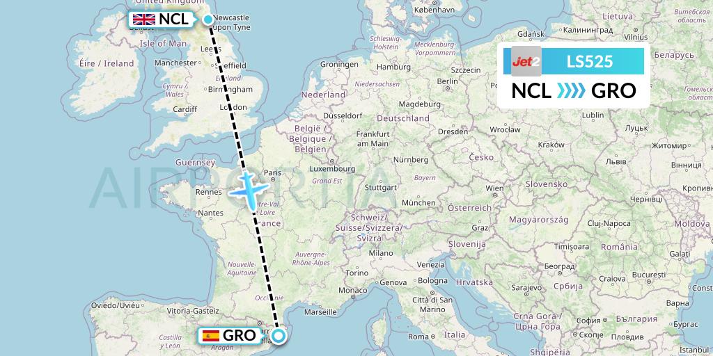 LS525 Jet2 Flight Map: Newcastle to Girona